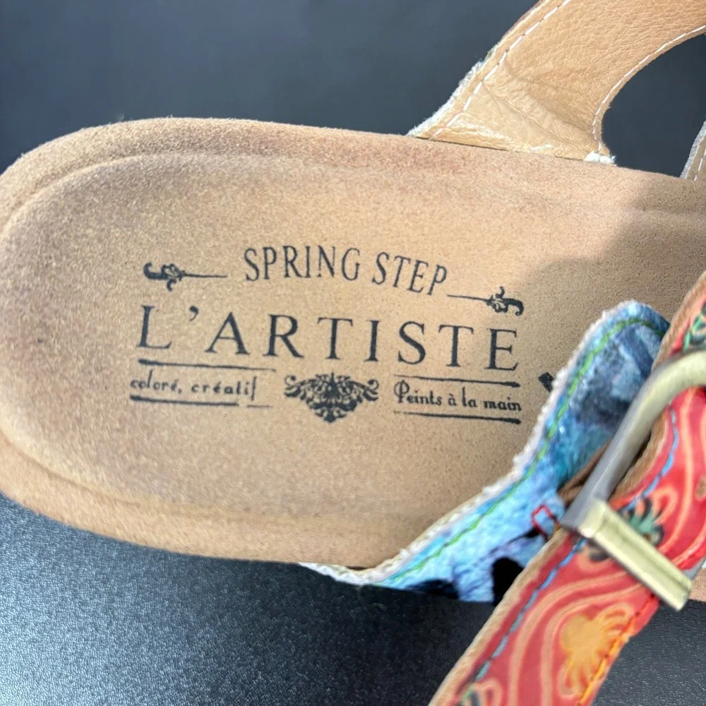 Spring Step L'Artiste Womens Wedge Sandals 38 (7.5) Baocire Leather Hand Painted
